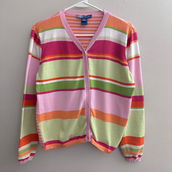 Bushwacker Vintage Cardigan Sweater LARGE Button Front Preppy Office Stripe - Picture 1 of 12